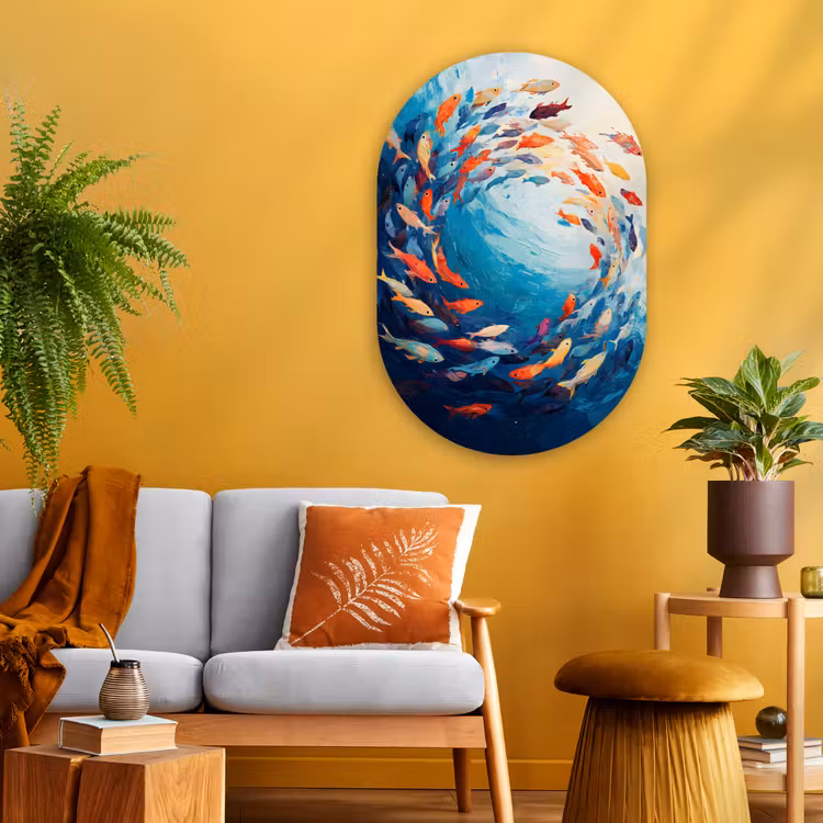 Zee - Vissen - Kleurrijk - Dynamisch Wandcirkel Ovaal Glas middel -sfeer4