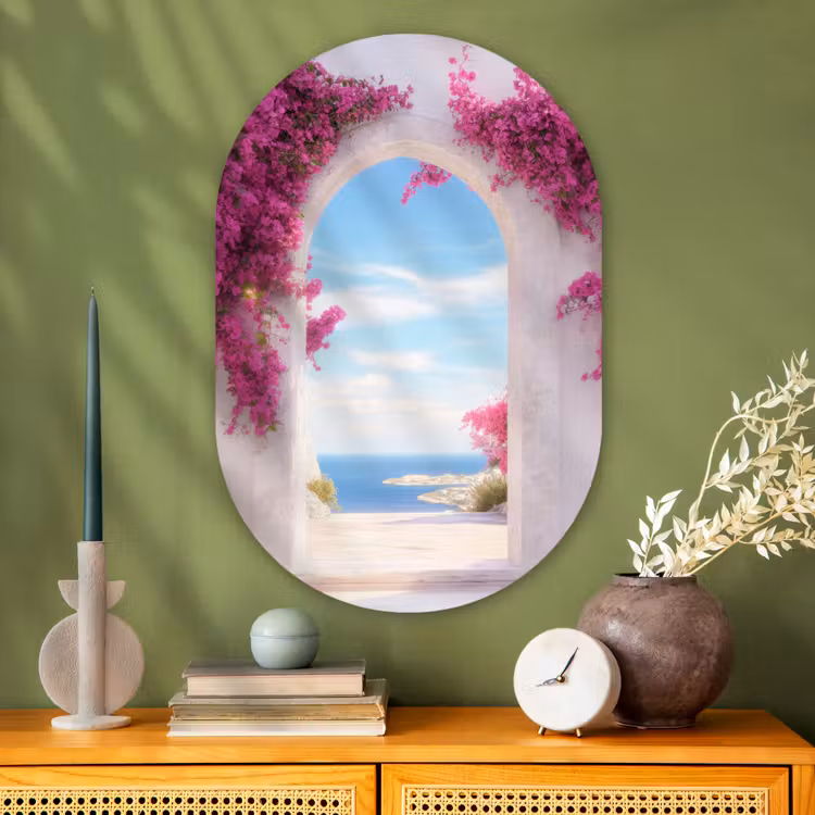 Zee - Roze - Bloemen - Poort Wandcirkel Ovaal Glas middel -sfeer2