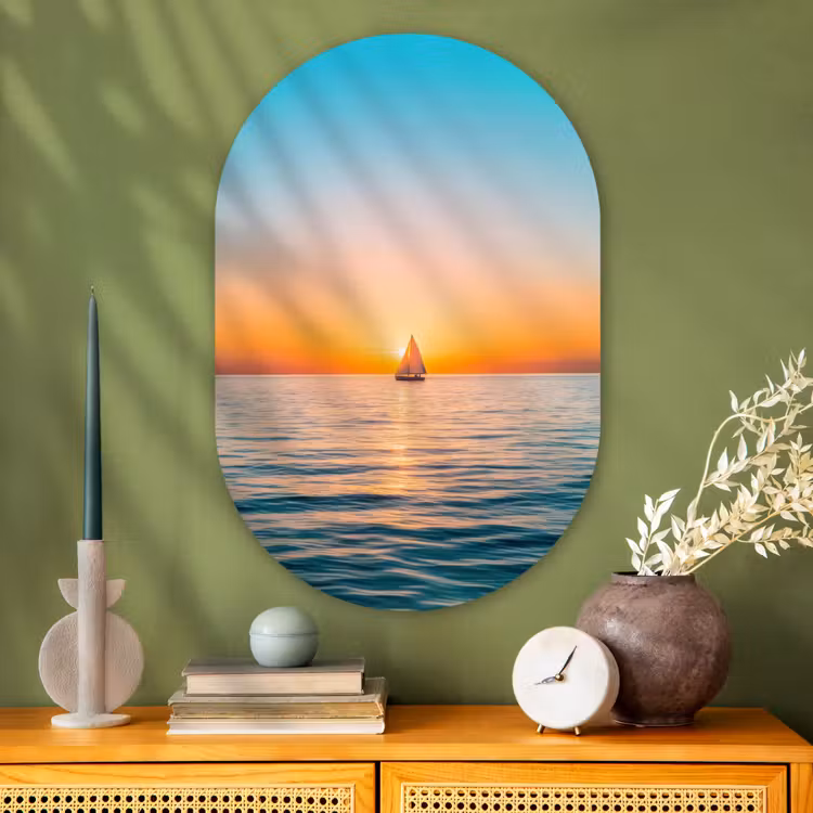 Zee - Zeilboot - Zonsondergang Wandcirkel Ovaal Glas middel -sfeer2