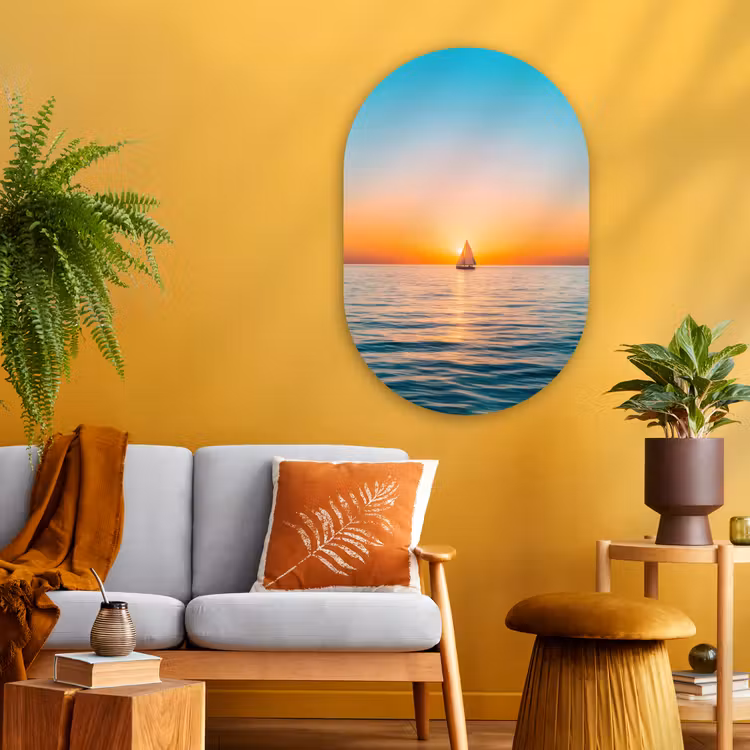 Zee - Zeilboot - Zonsondergang Wandcirkel Ovaal Glas middel -sfeer4