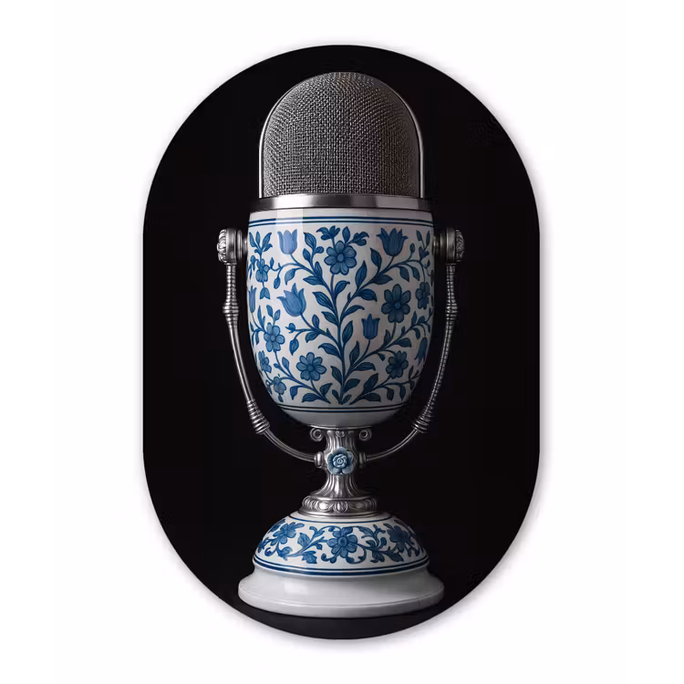 Microfoon - Delfts blauw - Muziek Wandcirkel Ovaal Glas middel -3d