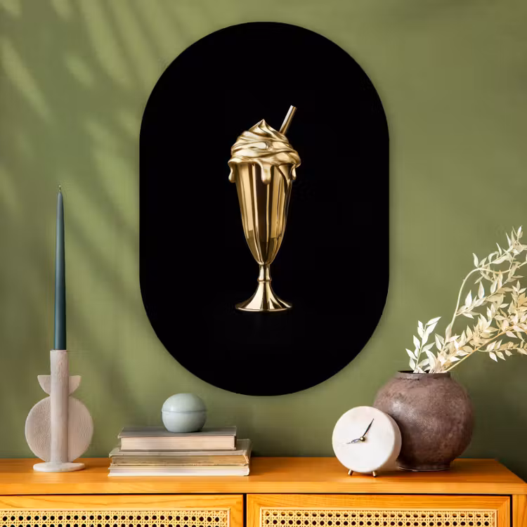 Milkshake - Goud - Drinken - Zwart Wandcirkel Ovaal Glas middel -sfeer2