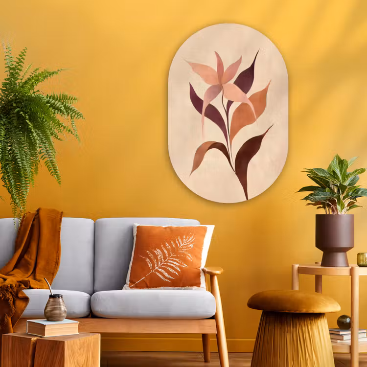 Minimalistisch - Bloem - Bladeren - Beige Wandcirkel Ovaal Glas middel -sfeer4