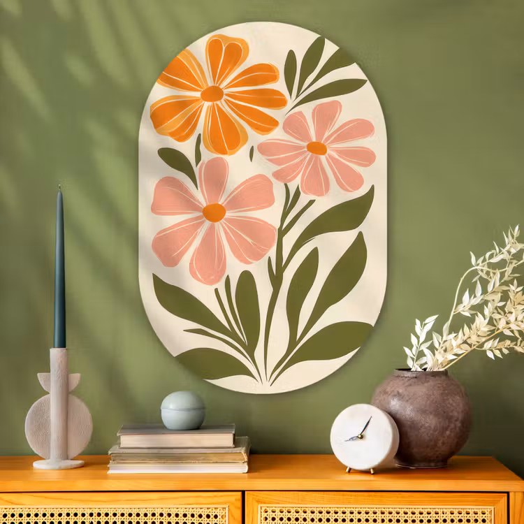 Minimalistisch - Bloemen - Bladeren - Roze Wandcirkel Ovaal Glas middel -sfeer2