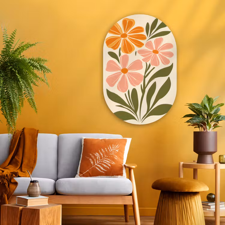 Minimalistisch - Bloemen - Bladeren - Roze Wandcirkel Ovaal Glas middel -sfeer4