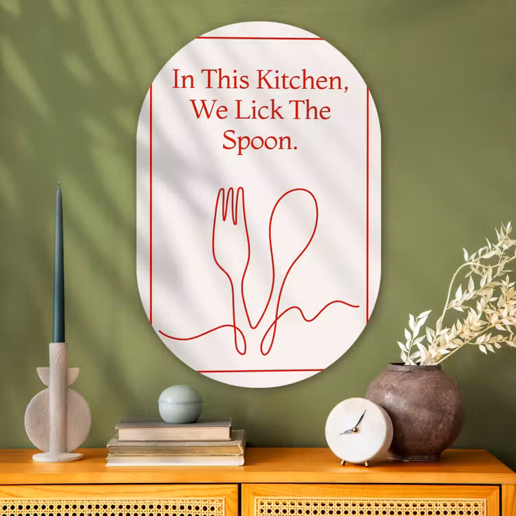 Minimalistisch - Vork - Lepel - Lijntekening Wandcirkel Ovaal Glas middel -sfeer2