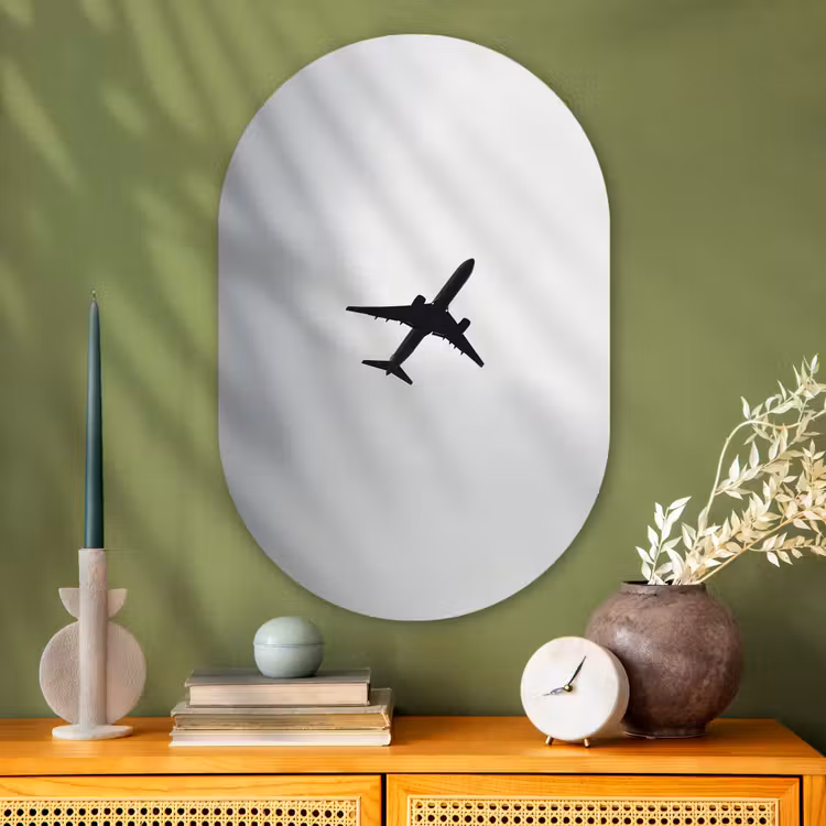 Minimalistisch - Silhouet - Zwart - Vliegtuig Wandcirkel Ovaal Glas middel -sfeer2