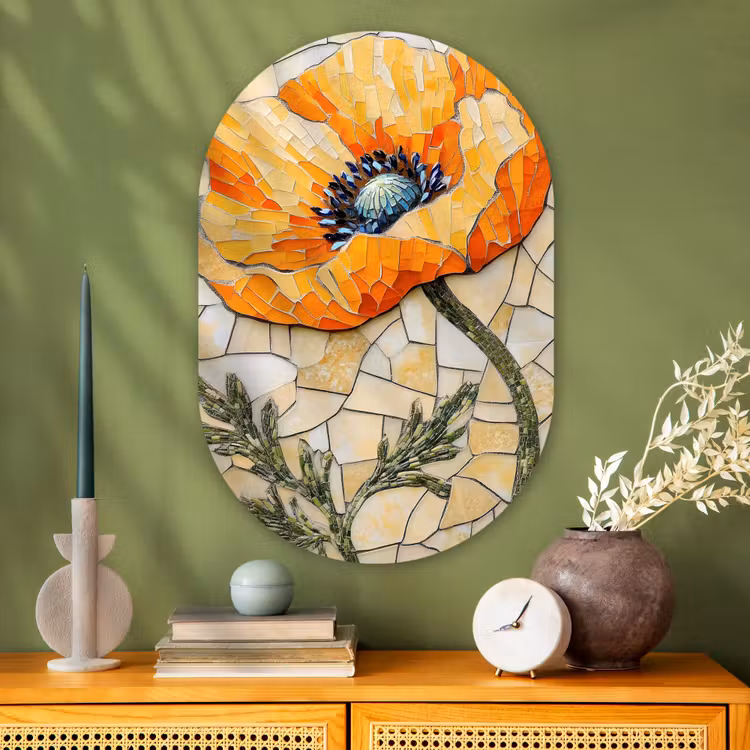 Klaprozen - Oranje - Mozaïek - Bladeren Wandcirkel Ovaal Glas middel -sfeer2