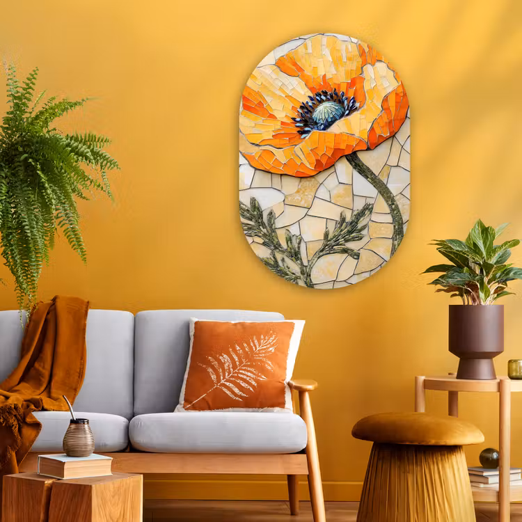 Klaprozen - Oranje - Mozaïek - Bladeren Wandcirkel Ovaal Glas middel -sfeer4