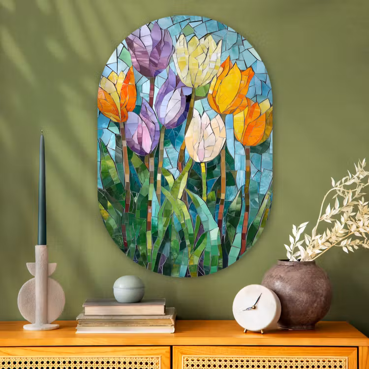 Mozaïek - Veld - Tulpen - Kleurrijk Wandcirkel Ovaal Glas middel -sfeer2