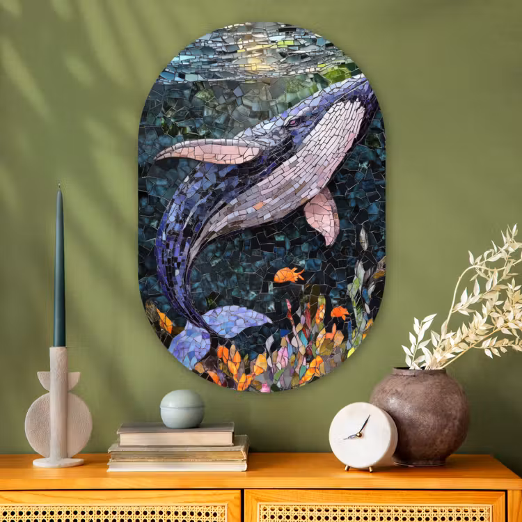Mozaïek - Walvis - Koraal - Water Wandcirkel Ovaal Glas middel -sfeer2