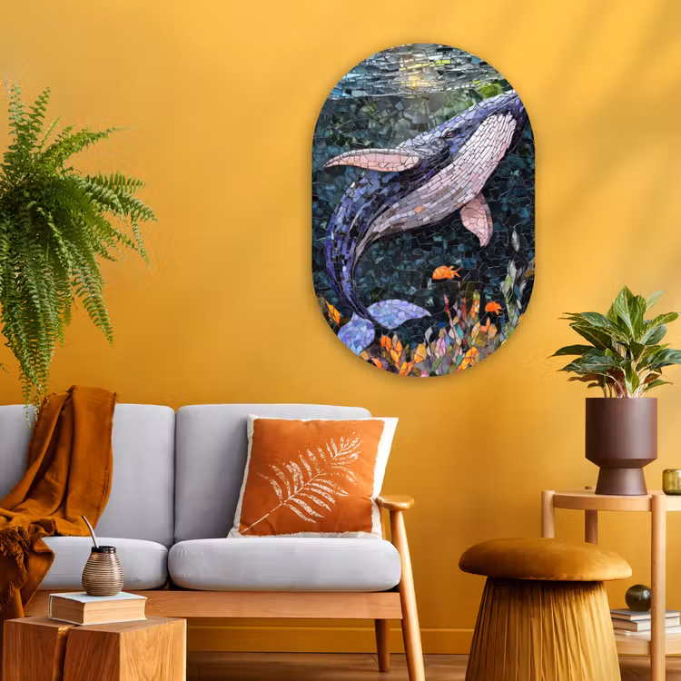 Mozaïek - Walvis - Koraal - Water Wandcirkel Ovaal Glas middel -sfeer4
