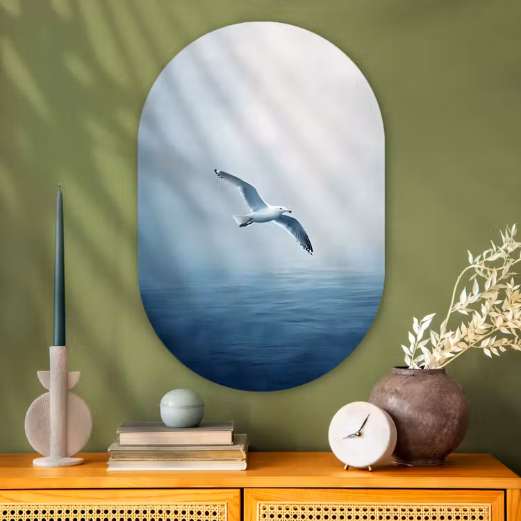 Meeuw - Wit - Zee - Mistig Wandcirkel Ovaal Glas middel -sfeer2
