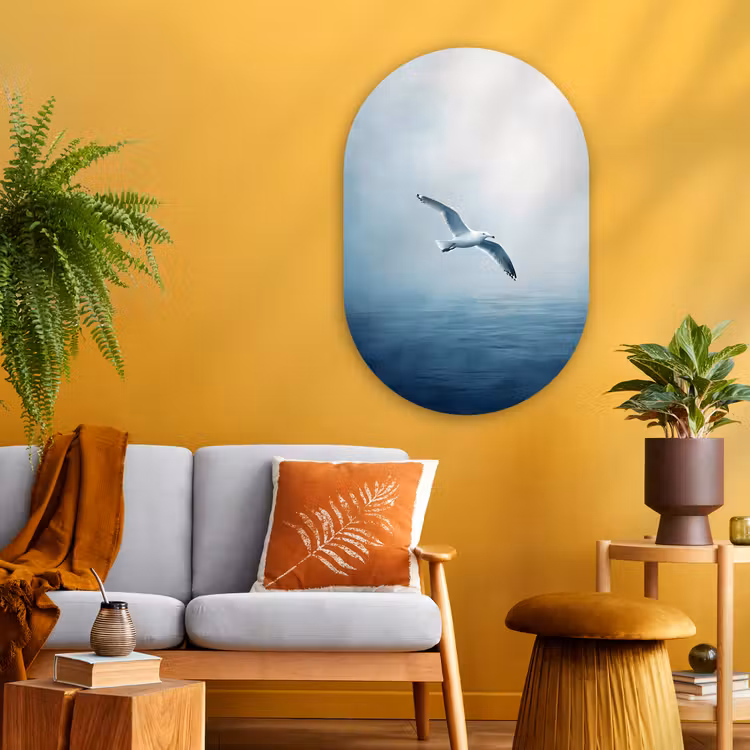 Meeuw - Wit - Zee - Mistig Wandcirkel Ovaal Glas middel -sfeer4