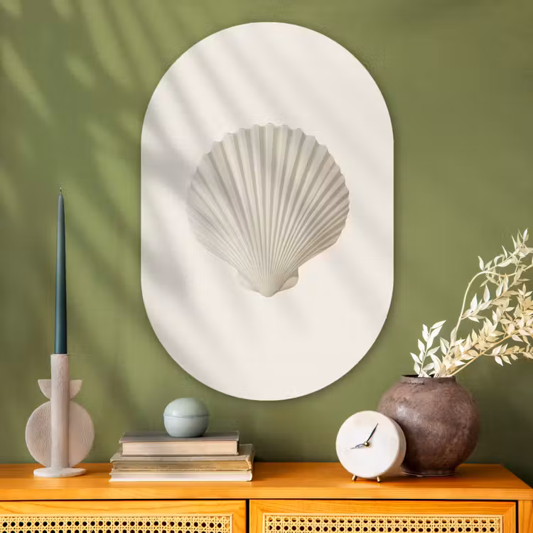 Schelp - Minimalistisch - Wit Wandcirkel Ovaal Glas middel -sfeer2