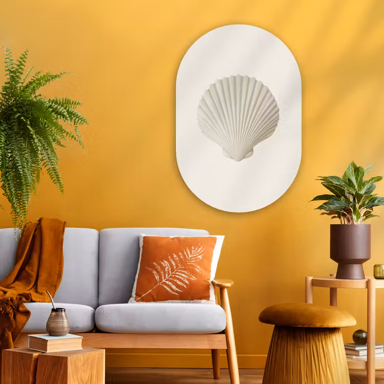 Schelp - Minimalistisch - Wit Wandcirkel Ovaal Glas middel -sfeer4