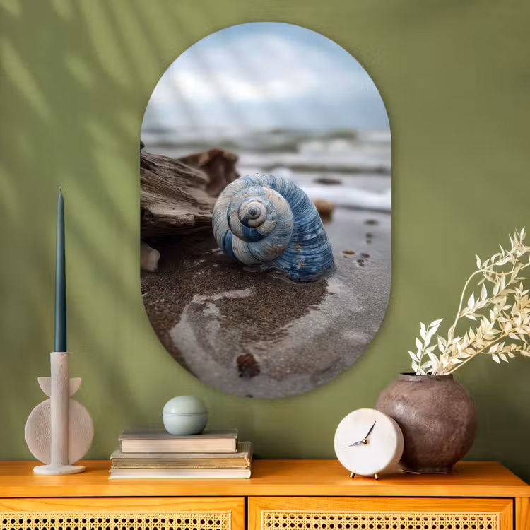 Schelp - Strand - Blauw - Zee Wandcirkel Ovaal Glas middel -sfeer2