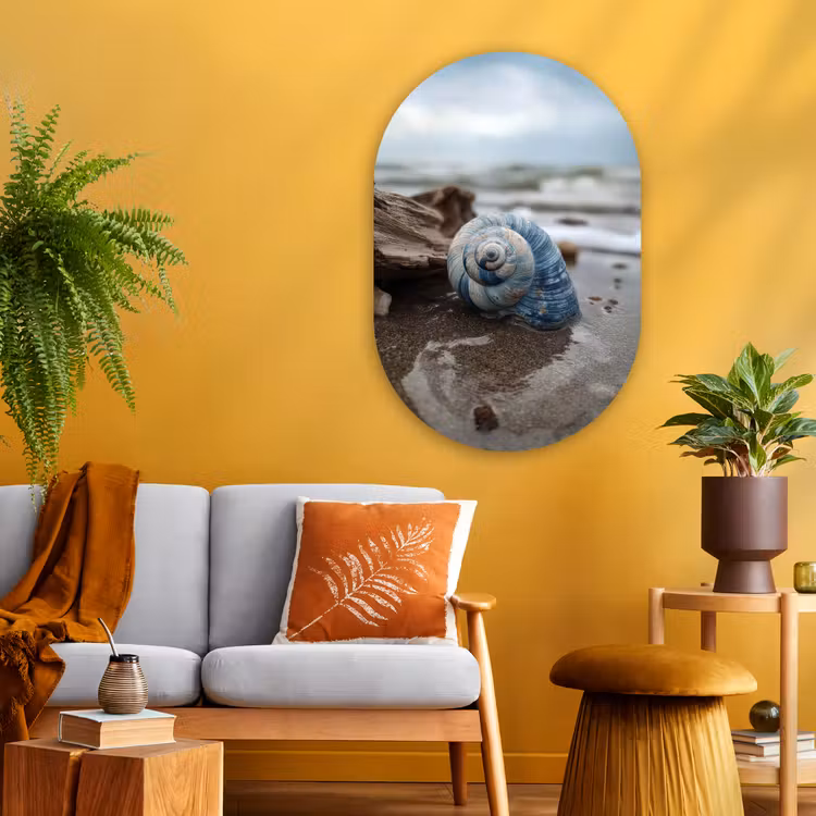 Schelp - Strand - Blauw - Zee Wandcirkel Ovaal Glas middel -sfeer4
