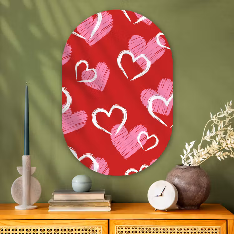 Patroon - Hartjes - Roze - Valentijn Wandcirkel Ovaal Glas middel -sfeer2