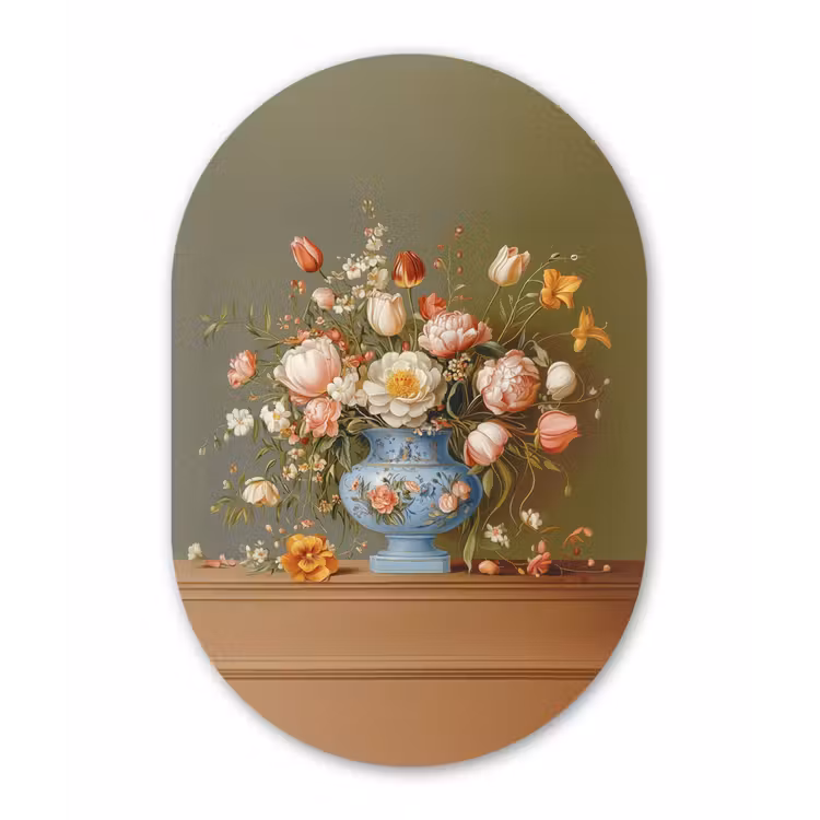 Neutral - Bloemen - Boeket - Vaas Wandcirkel Ovaal Glas middel -3d