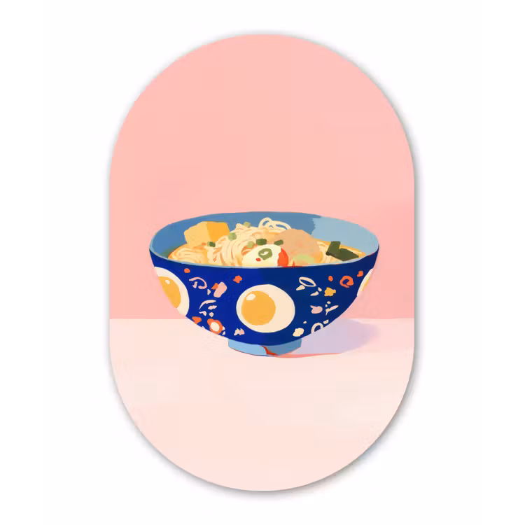 Noodles - Kom - Blauw - Illustratie Wandcirkel Ovaal Glas middel -3d