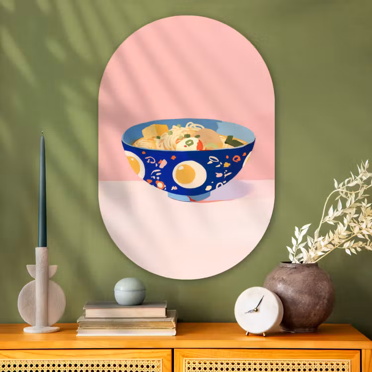 Noodles - Kom - Blauw - Illustratie Wandcirkel Ovaal Glas middel -sfeer2