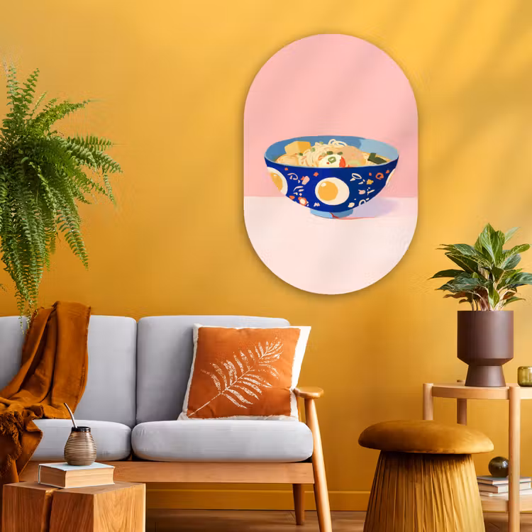 Noodles - Kom - Blauw - Illustratie Wandcirkel Ovaal Glas middel -sfeer4