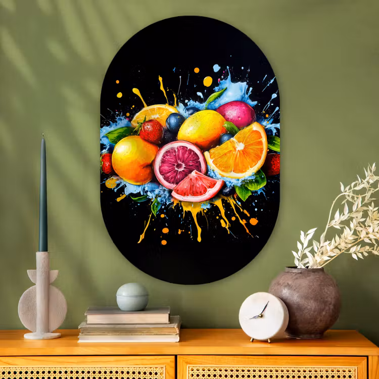 Fruit - Graffiti - Kleurrijk - Sinaasappel - Aardbei - Abstract Wandcirkel Ovaal Glas middel -sfeer2
