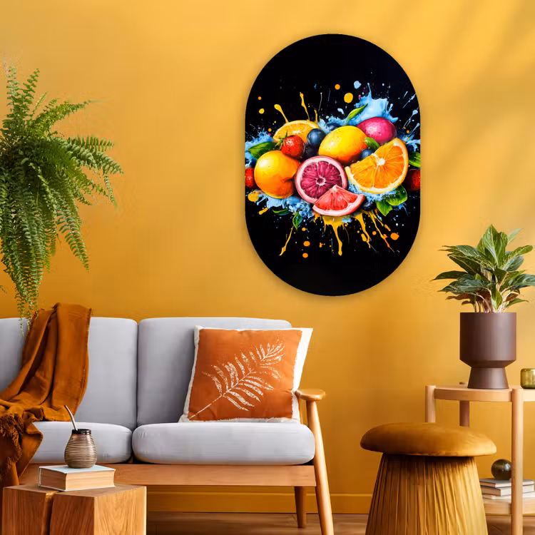 Fruit - Graffiti - Kleurrijk - Sinaasappel - Aardbei - Abstract Wandcirkel Ovaal Glas middel -sfeer4