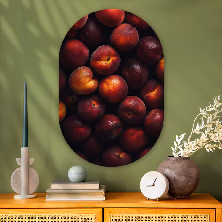 Fruit - Close up - Nectarines Wandcirkel Ovaal Glas middel -sfeer2