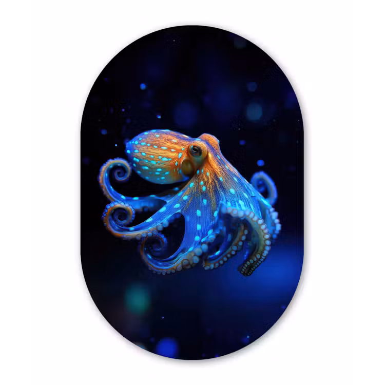 Octopus - Stippen - Blauw - Zee Wandcirkel Ovaal Glas middel -3d