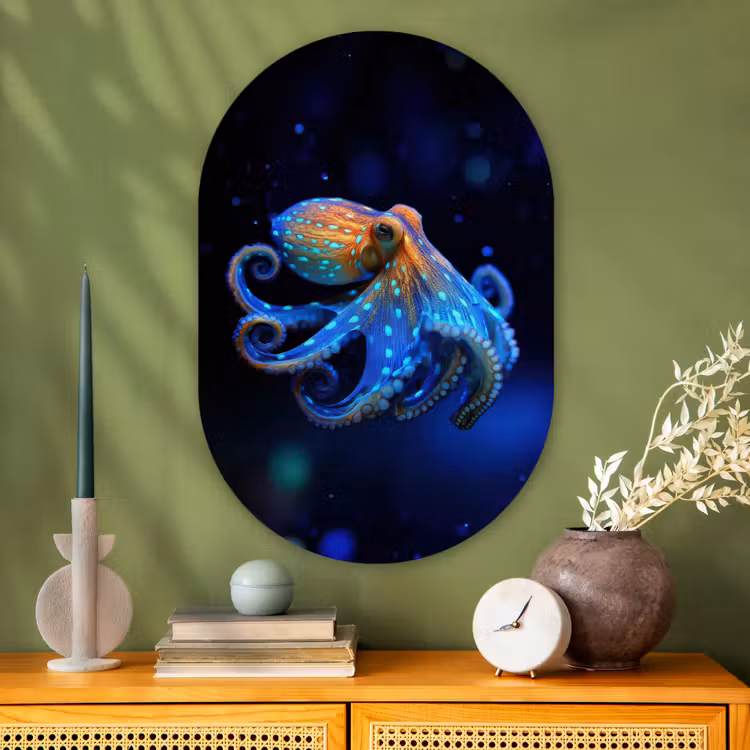 Octopus - Stippen - Blauw - Zee Wandcirkel Ovaal Glas middel -sfeer2