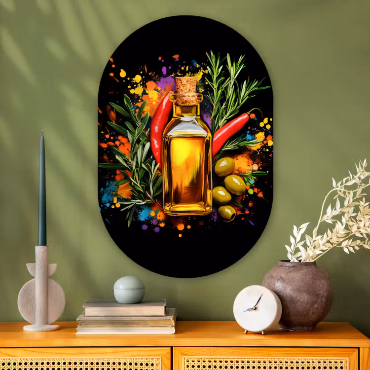 Olijfolie - Graffiti - Peper - Olijven - Modern Wandcirkel Ovaal Glas middel -sfeer2
