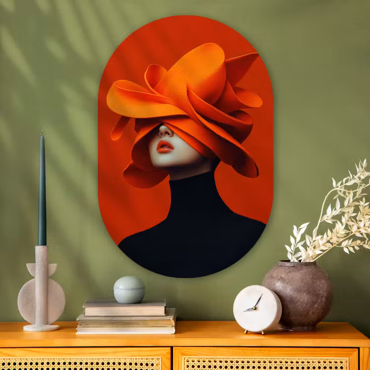 Oranje - Hoed - Vrouw Wandcirkel Ovaal Glas middel -sfeer2