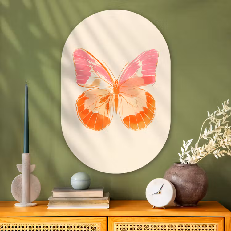 Oranje - Vlinder - Minimalistisch Wandcirkel Ovaal Glas middel -sfeer2