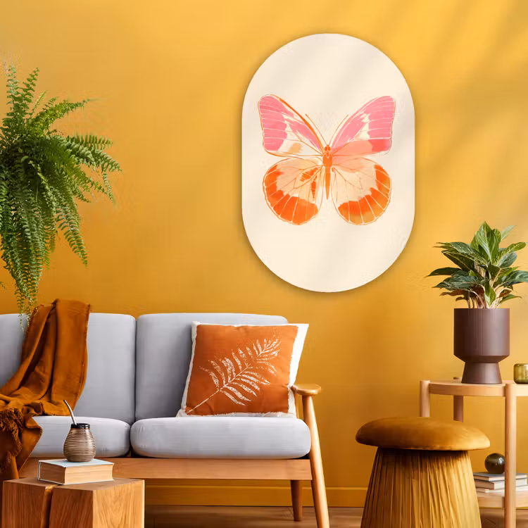 Oranje - Vlinder - Minimalistisch Wandcirkel Ovaal Glas middel -sfeer4