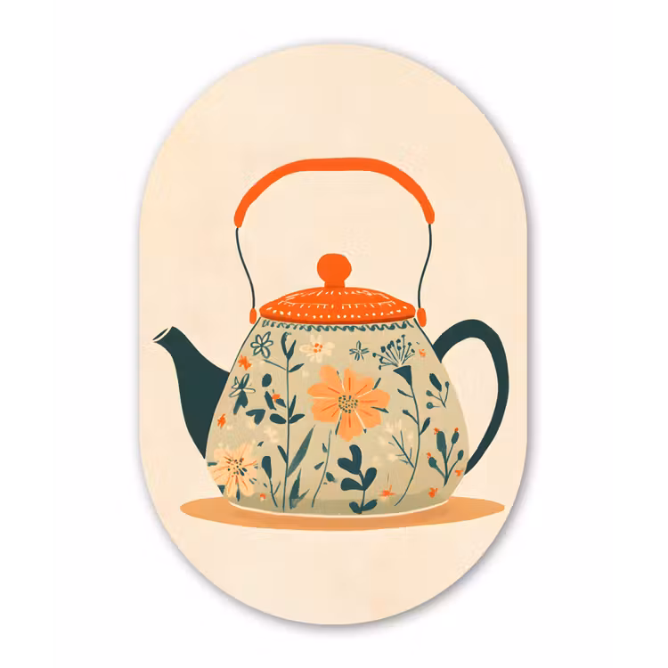 Oranje - Theepot - Bloemen - Bladeren Wandcirkel Ovaal Glas middel -3d