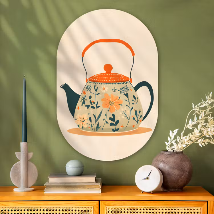 Oranje - Theepot - Bloemen - Bladeren Wandcirkel Ovaal Glas middel -sfeer2
