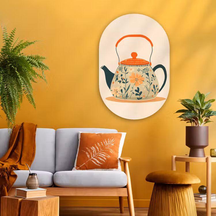 Oranje - Theepot - Bloemen - Bladeren Wandcirkel Ovaal Glas middel -sfeer4