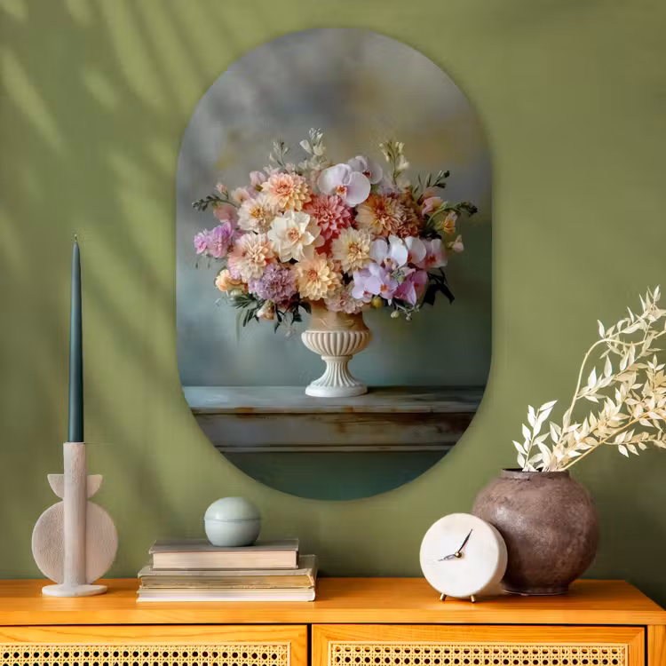 Orchidee - Boeket - Vaas - Bloemen Wandcirkel Ovaal Glas middel -sfeer2