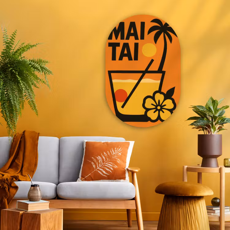 Palmboom - Bloem - Art - Drink Wandcirkel Ovaal Glas middel -sfeer4
