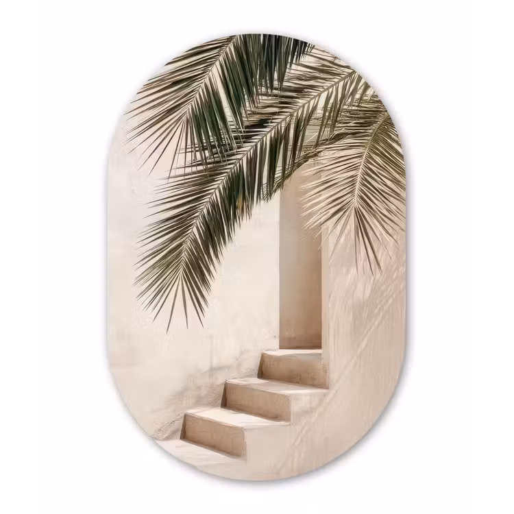 Palmboom - Schaduw - Trap - Beige Wandcirkel Ovaal Glas middel -3d