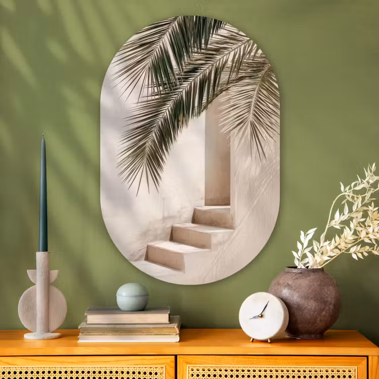 Palmboom - Schaduw - Trap - Beige Wandcirkel Ovaal Glas middel -sfeer2