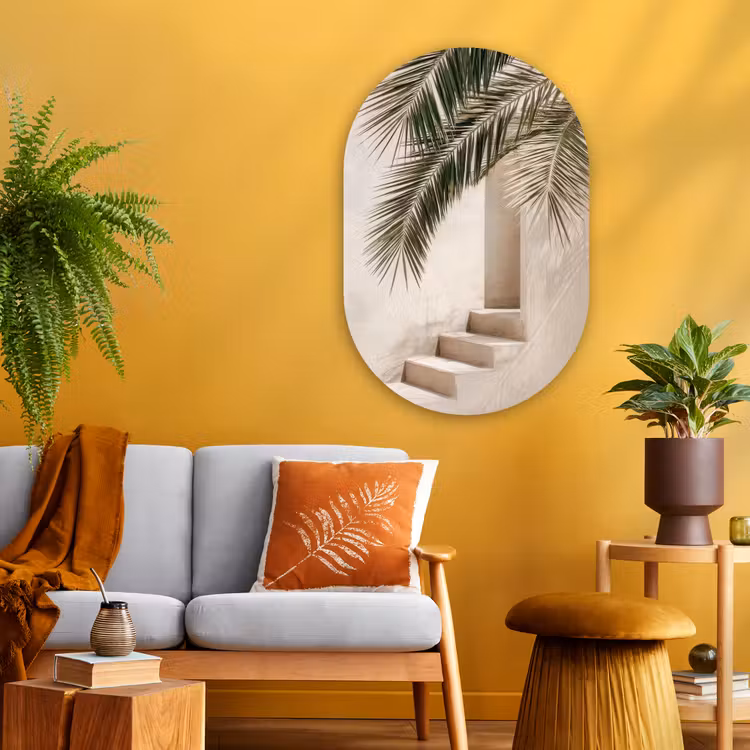 Palmboom - Schaduw - Trap - Beige Wandcirkel Ovaal Glas middel -sfeer4