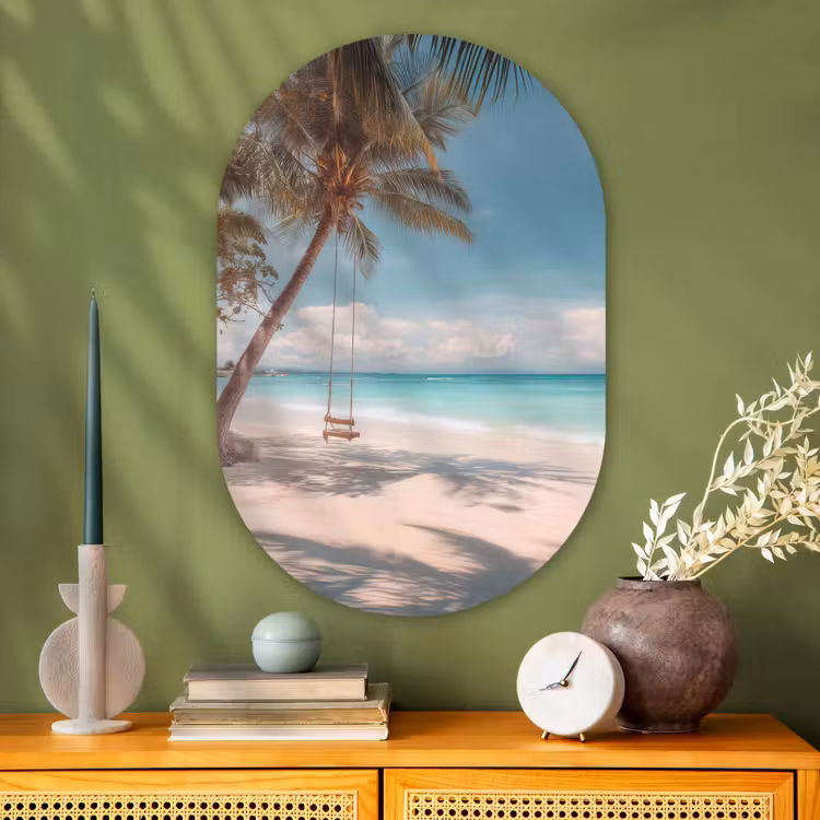 Palmboom - Schommel - Strand - Lucht Wandcirkel Ovaal Glas middel -sfeer2