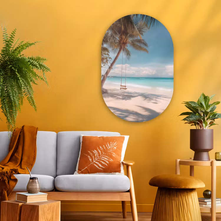 Palmboom - Schommel - Strand - Lucht Wandcirkel Ovaal Glas middel -sfeer4