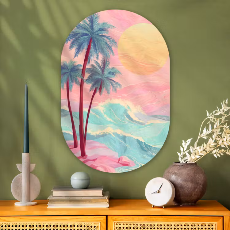 Palmbomen - Golven - Zee Wandcirkel Ovaal Glas middel -sfeer2