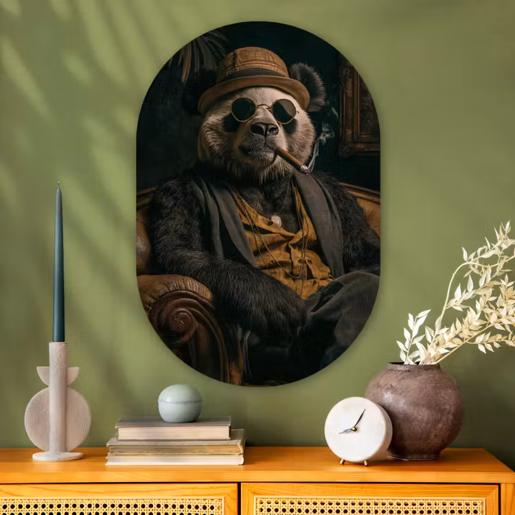 Panda - Hoed - Bril - Pak Wandcirkel Ovaal Glas middel -sfeer2