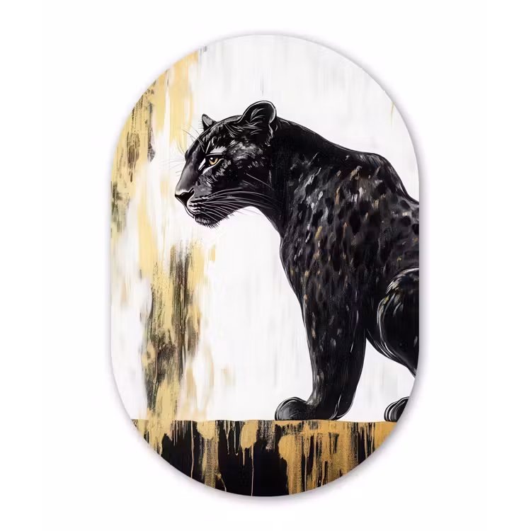 Panter - Zwart - Abstract - Goud Wandcirkel Ovaal Glas middel -3d