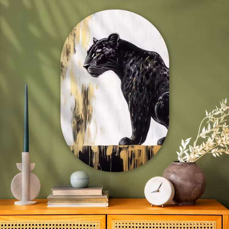 Panter - Zwart - Abstract - Goud Wandcirkel Ovaal Glas middel -sfeer2
